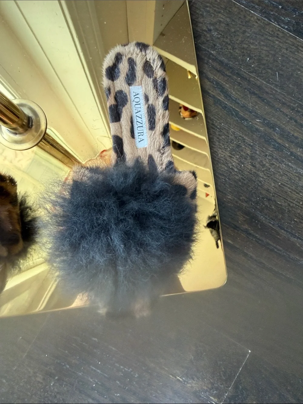 Aquazzura Leopard Print Fur Pom Slide Sandals in Black and Brown
